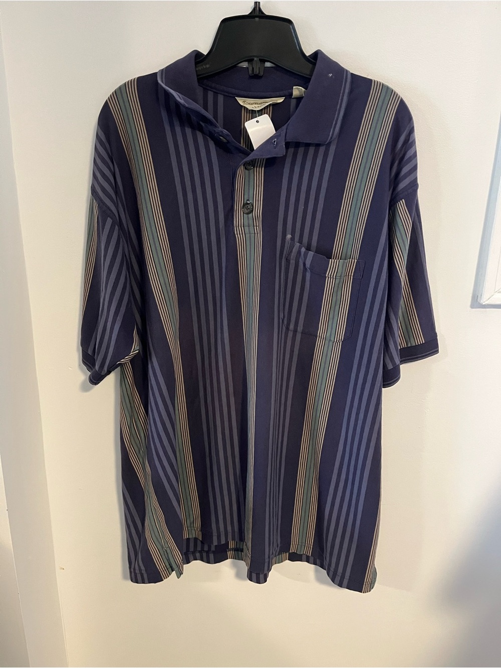 Mens Vintage Navy Striped Polo Shirt - Size Large